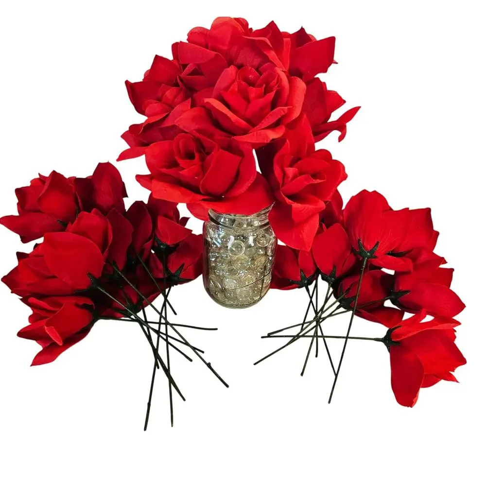 Red Artificial Silk Rose Flowers Wired Stems Wedding Craft 3